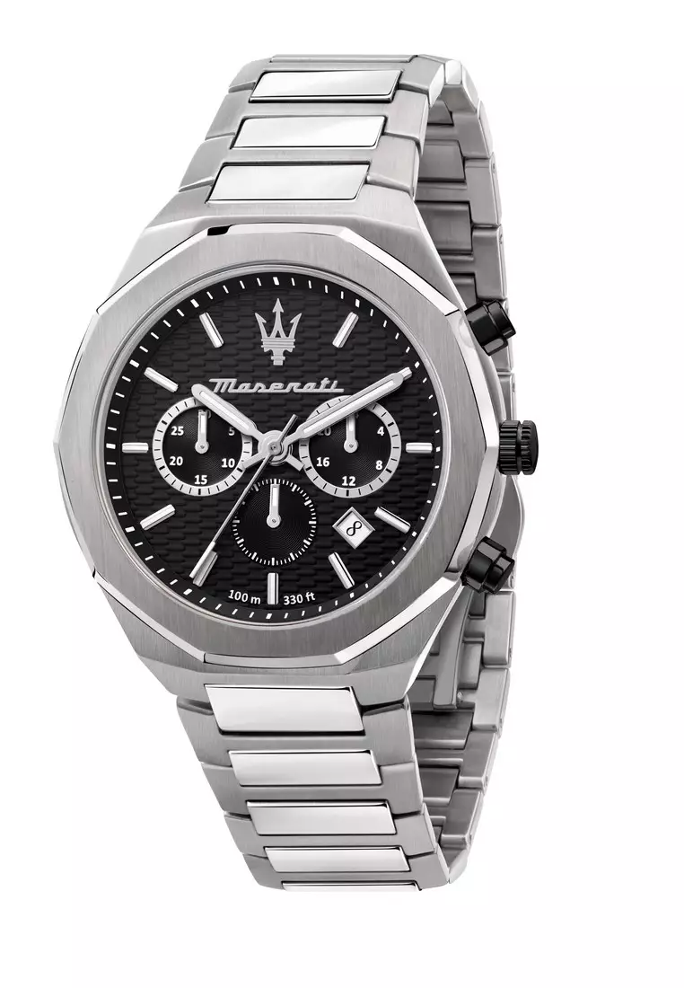 【2年保養】瑪莎拉蒂Stile系列 45mm 黑色錶盤 男士不銹鋼計時石英腕錶 R8873642004